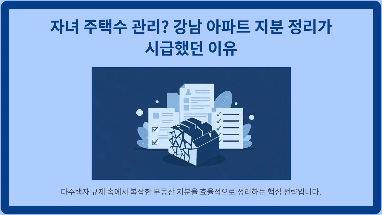 흩어진 부동산 아이콘들이 모여 하나의 온전한 상징으로 통합되는 모습. 세금 신고서, 법규집 등 규제 상징이 배경에 자리함. 가족 간 저가 양도를 통해 자녀 주택수 관리가 용이해지는 장면 연출.
