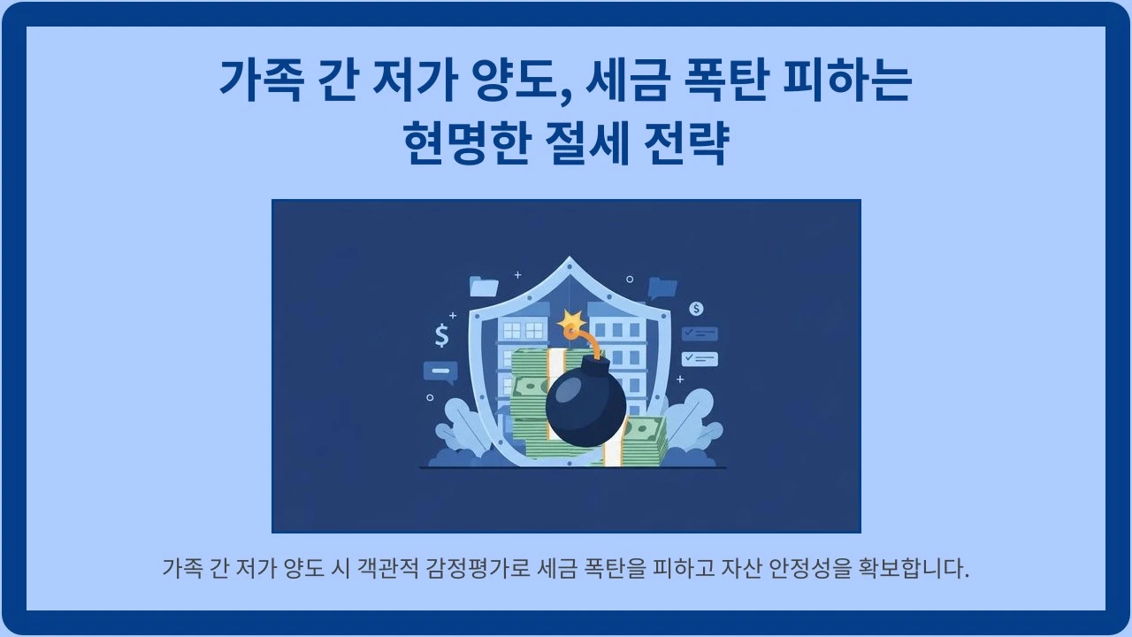 가족 간 저가 양도를 통해 세금 폭탄을 안전하게 막는 방패와 아파트, 돈다발이 보이는 이미지