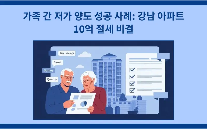 환한 미소를 띤 노년 부부가 감정 보고서를 보며 만족스러워하는 모습, 배경에 고급 아파트, 절세 효과 암시
