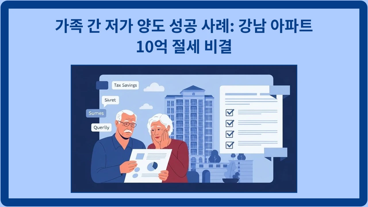 환한 미소를 띤 노년 부부가 감정 보고서를 보며 만족스러워하는 모습, 배경에 고급 아파트, 절세 효과 암시