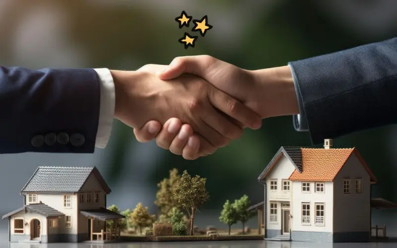 비즈니스 정장을 입은 두 사람이 악수하는 모습 아래, 두 채의 작은 주택 모형이 놓여 부동산 교환 매매를 상징적으로 보여줍니다.