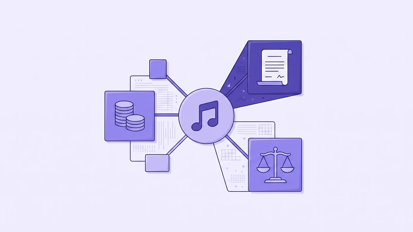 음악 저작권이 매매, 투자, 대출, 상속, M&A 등 다양한 실용적 상황에서 활용되는 모습을 추상적으로 표현합니다. 감정평가의 필요성을 보여줍니다.